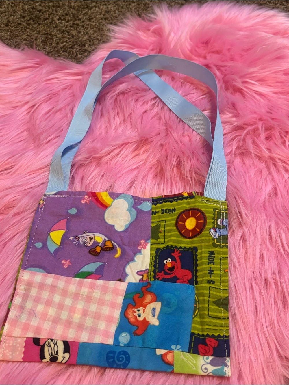 Handmade Vintage Patchwork Disney Sesame Street Kidcore Mini Tote Bag Coquette